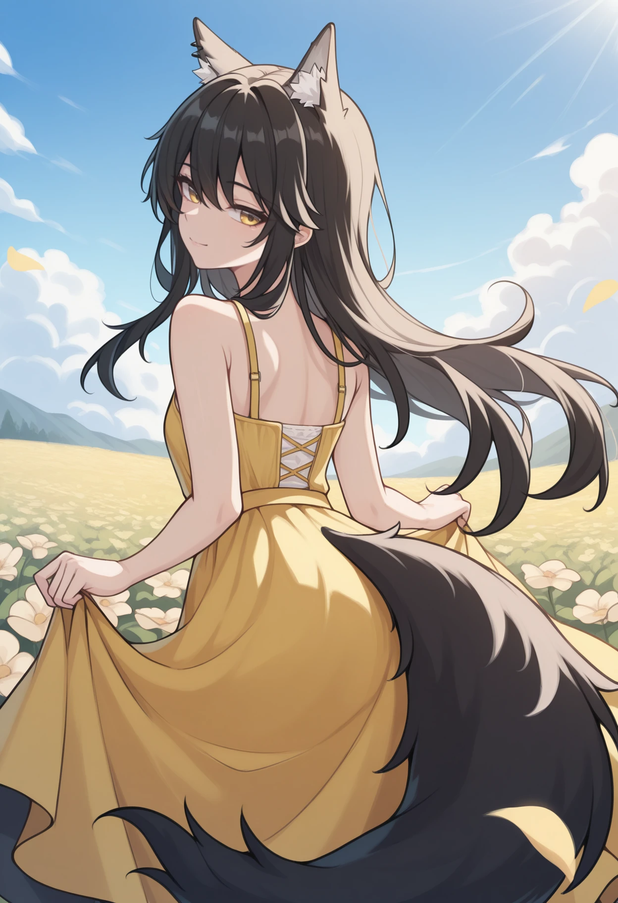 masterpiece, best quality, <break> from behind, solo, 1girl, txswgbrkr, wolf tail, slight smile, looking back, skirt hold, long hair, black hair, hair between eyes, animal ears, animal ear fluff, animal ear piercing, yellow eyes, yellow sundress, bare shoulders, outdoors, blue sky, cloud, flower field, sunlight
<segment:yolo-Anzhc Face seg 640 v2 y8n.pt,0.4,0.5//cid=1>