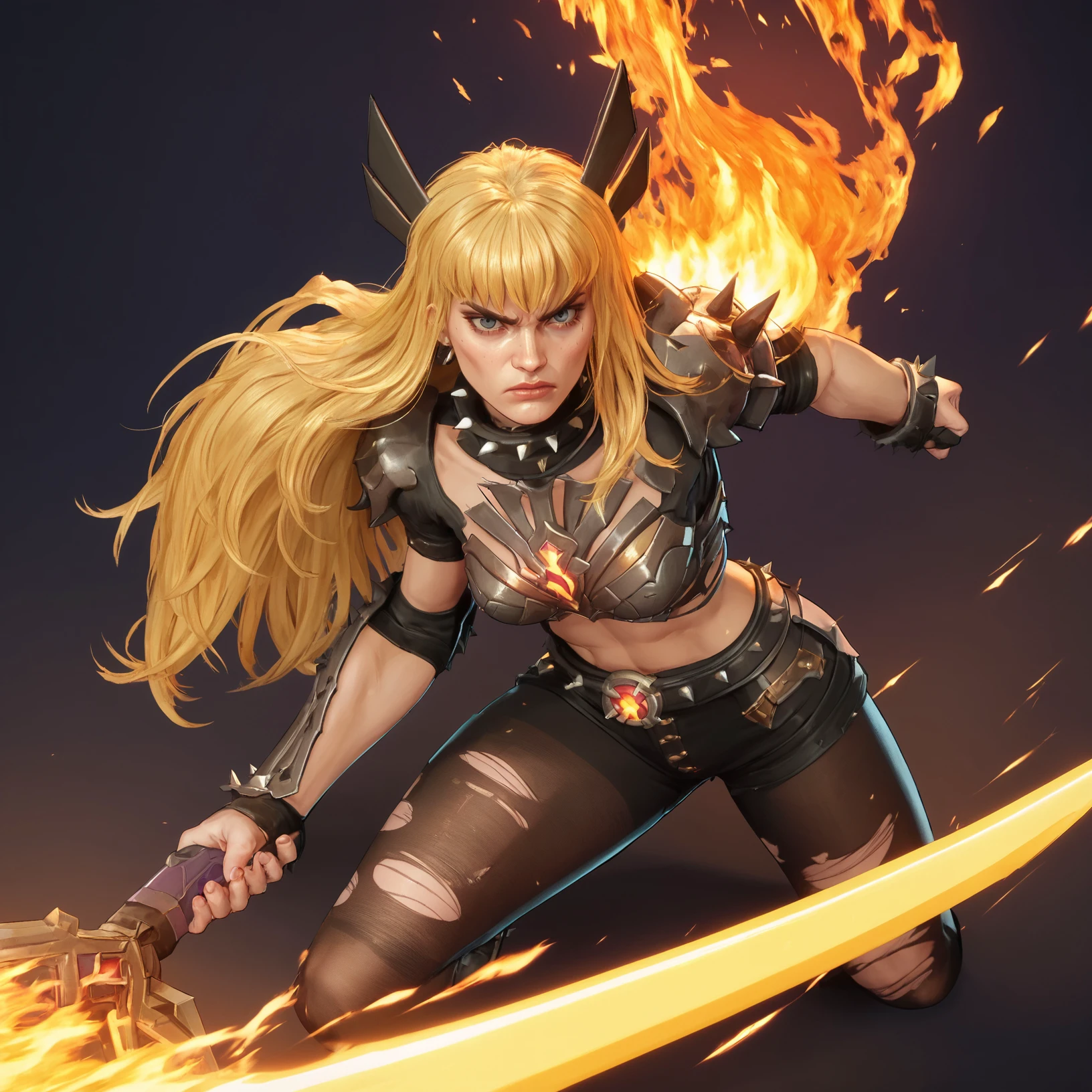 score_8,score_7,score_9,face close-up,magikrivals,1girl,blonde,long hair,bangs,chest armor,spiked collar,spiked headband,torn pantyhose,fire,holding sword,fight pose