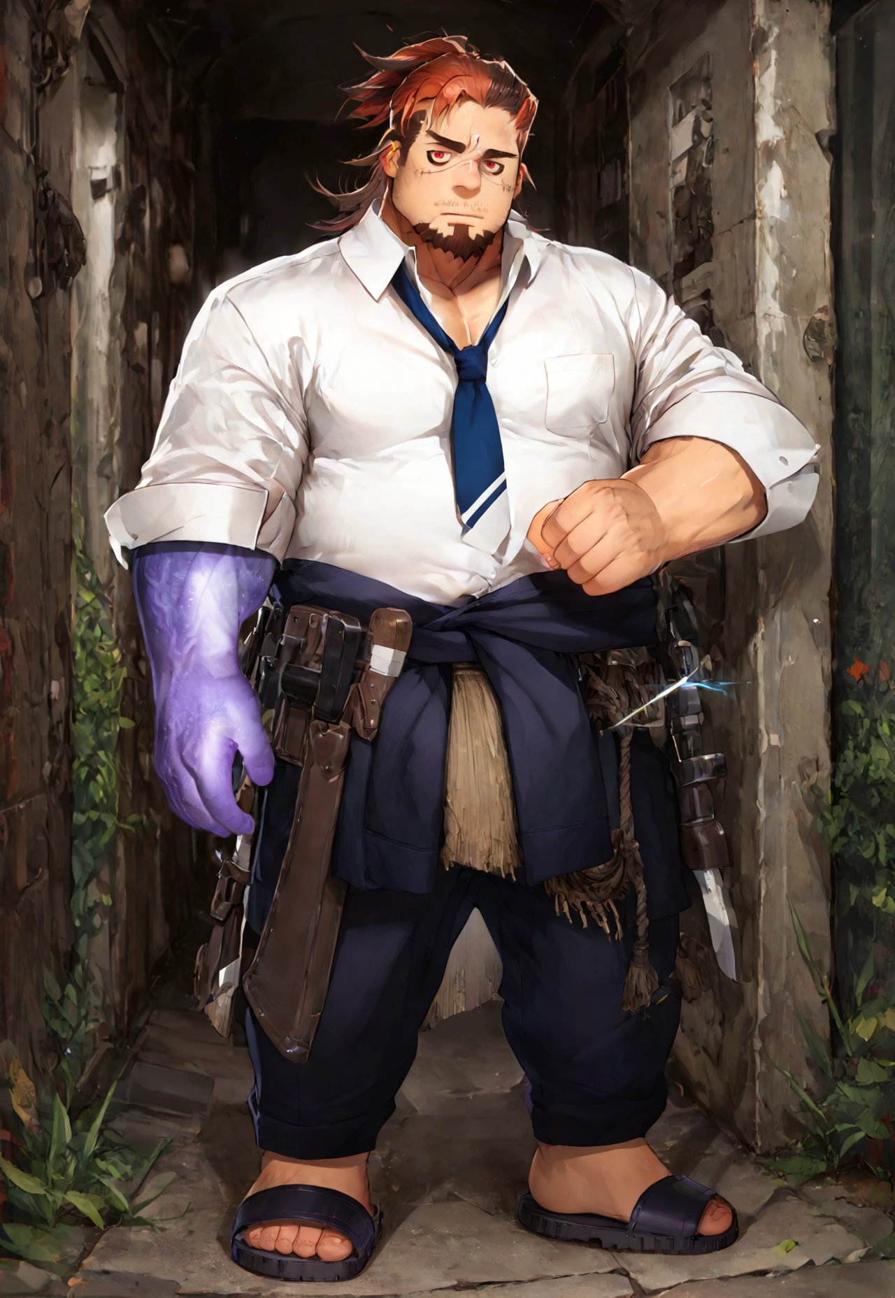 cartoon style, looking at viewer, BoogeymanTAS, bara, musclegut, brown hair, multicolored hair, two-tone hair, long hair, ponytail, ponytail hair, undercut, thin mustache, facial hair, goatee, red eyes, tired eyes, eyebags, face scar, scar across nose, purple right arm, magical right arm, BoogeymanDefaultOutfit, white button-up, blue tie, shirt pocket, rolled-up sleeves, navy blue slacks, navy blue sandals, utility belt, 2d, muscular male, (wide body, big trapezius), biceps, sweat, large pectorals, full body, tall, simple background
score_9_up,score_8_up,score_7_up,score_6_up,score_5_up,score_4_up