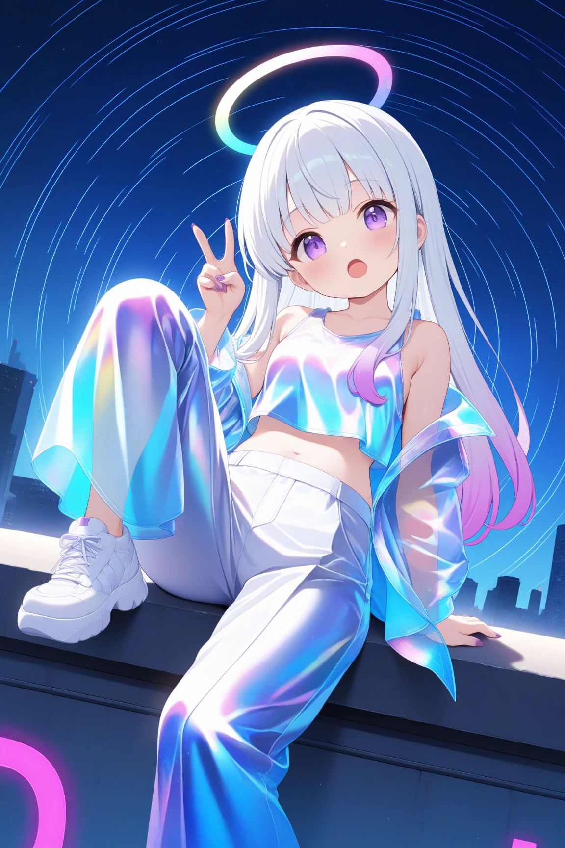 masterpiece, best quality, 1girl, alternate costume, open jacket, white hair, transparent jacket, holographic clothing, iridescent, long wide pants, bare shoulder, sitting on rooftop, neon light, dynamic angle, v, head tilt, purple eyes, gradient hair, one leg up, purple fingernails, iridescent tanktop, white shoes, open mouth, starry sky, star trail, halo