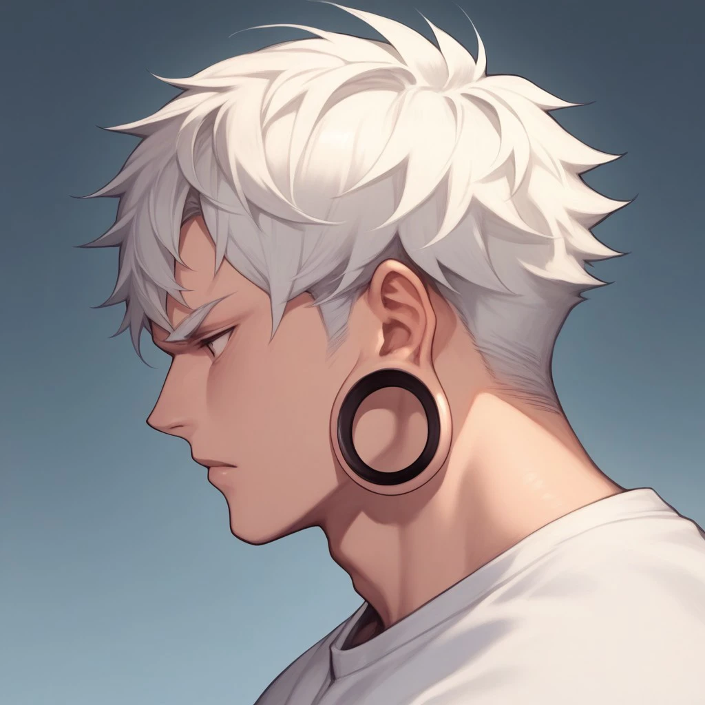 score_9, score_8_up, score_7_up, anime, masterpiece, 1boy, solo, man, male focus, handsome, muscular, short hair, huge stretched ears, (((huge black ear tunnels))), white hair, side view