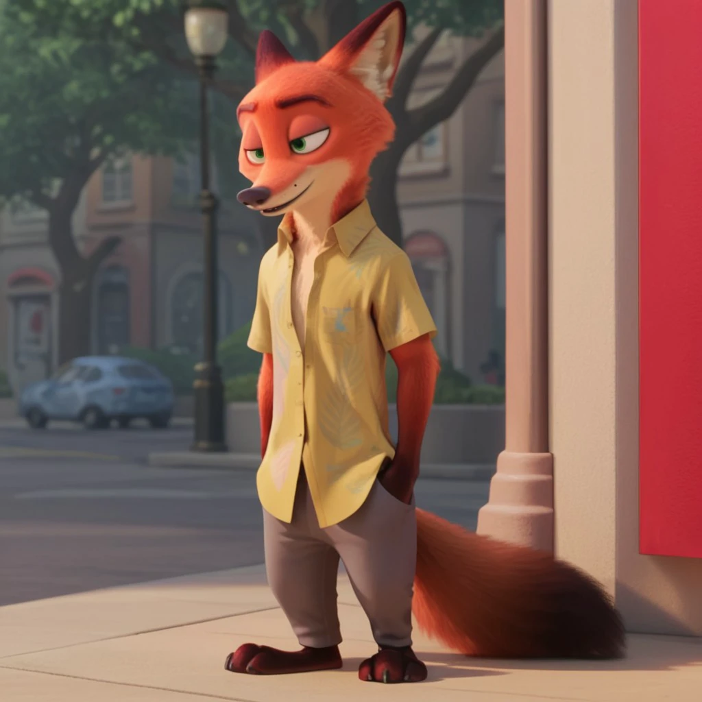 score_9, score_8_up, score_7_up, score_6_up, score_5_up, score_4_up, source_furry, WildeNickzt, anthro, male, fox, orange fur, green eyes, green Hawaiian shirt, khaki pants, standing, street corner, open shirt