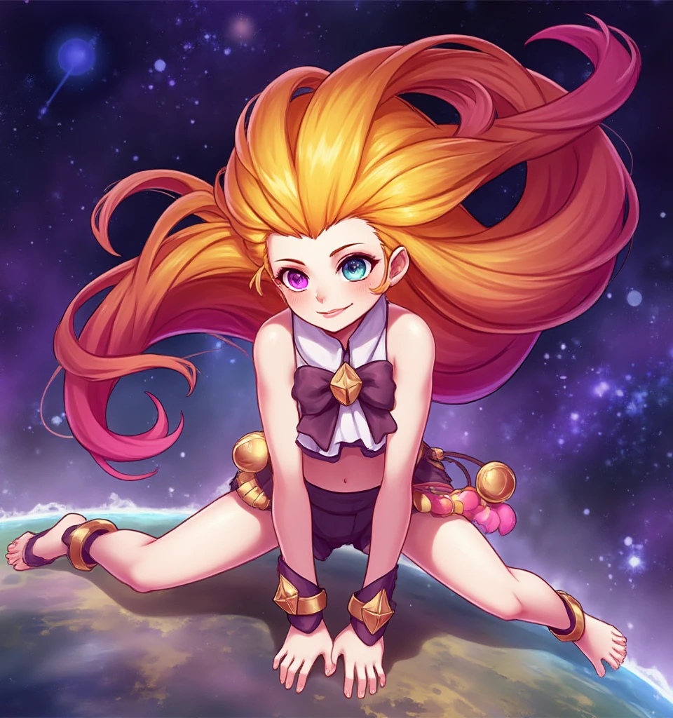 1girl,zoe,heterochromatic pupil,yellow and red hair,universe,planet,full body