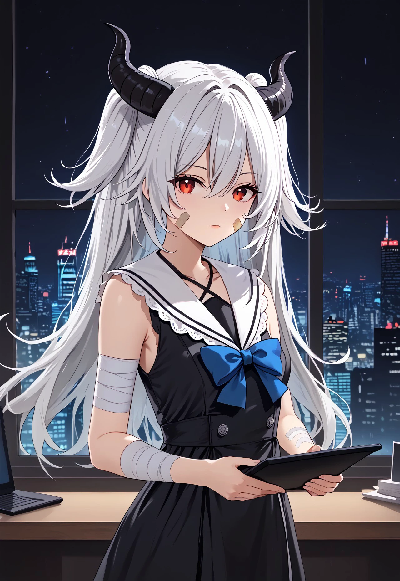 1girl, solo, solo focus, highres, absurdres, PhaseAiko, demon horns, bangs, long hair, hair between eyes, red eyes, two side up, white hair, curled horns, 

black dress, white sailor collar, blue bow, frilled sailor collar, sleeveless shirt, criss-cross halter, bandaged arm,  white frills,



bandage on face, bandaid on cheek,

looking at viewer, holding tablet pc, from side, 

office, window, cityscape, neon lights, dark, very dark, night, night sky, backlighting, silhouette,