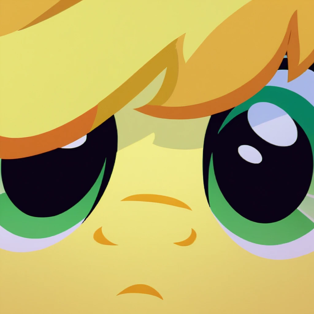 score_9_up, score_8_up, score_7_up, Braeburn, 1boy, pony, extreme close-up, close-up, stare, looking at viewer, solo, furry, green eyes, blonde hair frown, source_pony