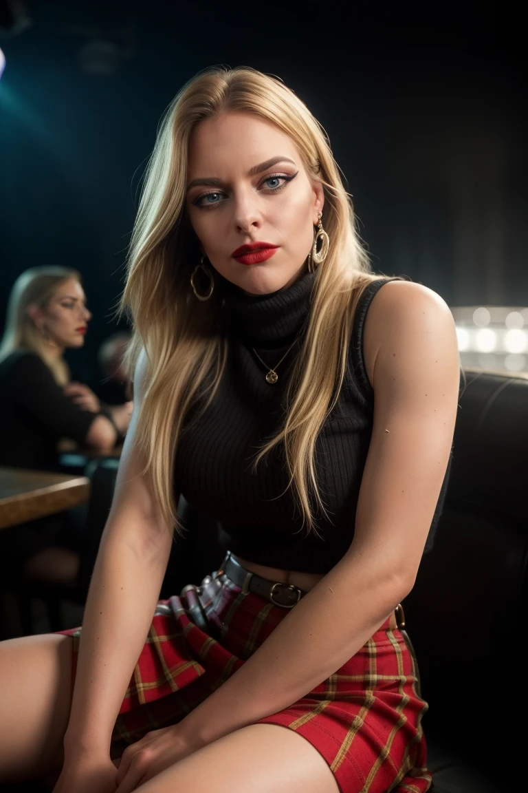 cinematic still ,  best quality,  realistic,
 <lora:quiron_LauraGuldemond_v050330_Lora:0.87> lauraguldemondQuiron, makeup, blonde hair,   jewelry, looking at viewer, earrings, blue eyes,   lips, lipstick, Leaning back, arms folded, Striped sweater, plaid skirt, and ankle boots, 
Dappled Light, (look at viewer),intricate detailed, flash photography, amazing photo of a pretty woman , at blurred background crowded nightclub party  background, . emotional, harmonious, vignette, highly detailed, high budget, bokeh, cinemascope, moody, epic, gorgeous, film grain, grainy