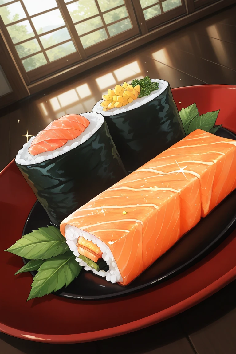 realistic shading, natural lighting, food focus, dafoodie, sparkling food focus, sparkle, sushi on plate, black plate, leaf, indoors, dutch angle, dynamic angle, intricately detailed illustration, depth of field, atmospheric perspective, masterpiece, best quality, amazing quality, very aesthetic, absurdres, newest