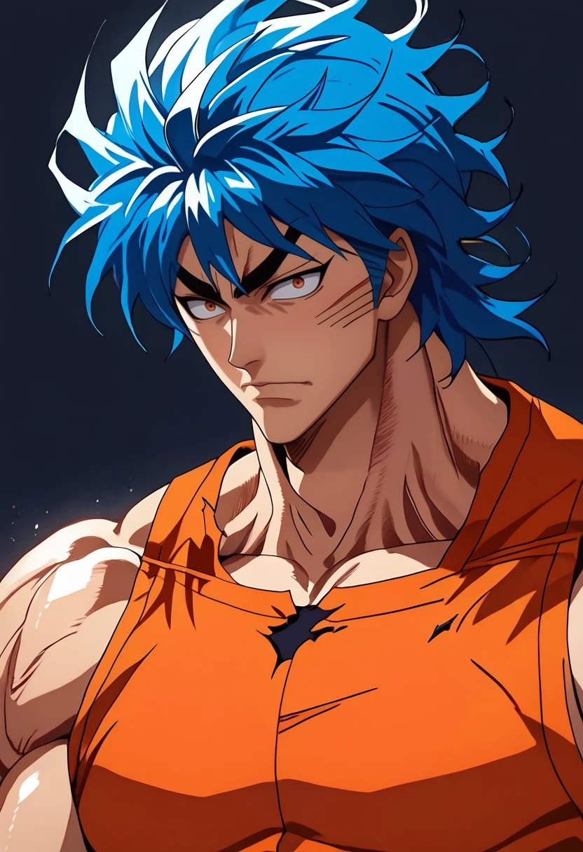 (masterpiece), (best quality), score_9, score_8_up, score_7_up, (masterpiece:1.2), (best quality:1.3), 1boy, simple background, <lora:Toriko:0.75> trko, muscular, blue hair, torn clothes, orange sleeveless, portrait, masterful composition, dynamic movement