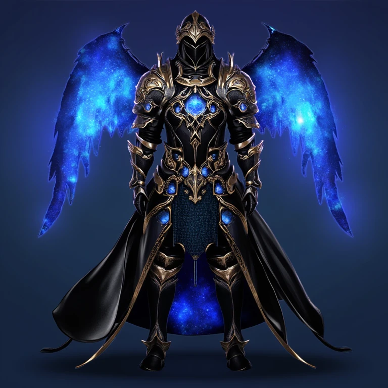 a digital artwork of a fantastical, high-tech, sci-fi warrior armor, rendered in a vivid, high-resolution digital medium. The armor is a blend of medieval knight armor and futuristic, cosmic elements. The armor is predominantly black with intricate, glowing blue and gold patterns that evoke the appearance of starry nebulae, giving it a mesmerizing, ethereal quality.
, <lora:path_of_exile_flux:0.8>,