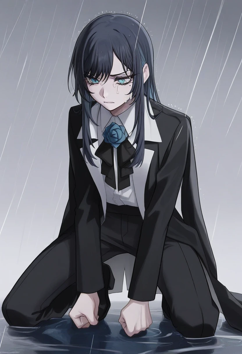 chando, long hair, flower brooch, blue eyes, mole under eye, blue hair, multicolored hair, sidelocks, blue flower, blue rose, white shirt, black coat, black bowtie, black pants, black footwear,
kneeling on ground, clenching fists, tears streaming down face, despair, stormy sky, mid-range, three-quarter view, rain-soaked, sense of defeat
, <lora:Character_Ado - Chando:0.8>