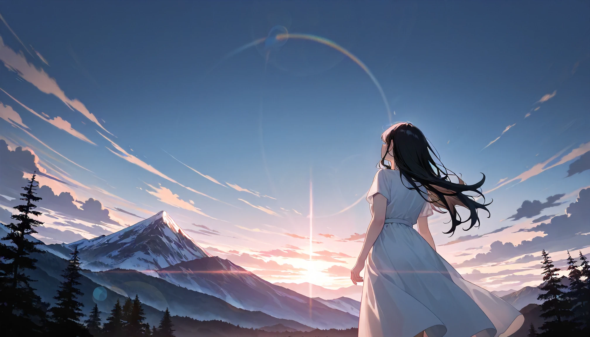 masterpiece,best quality,good quality,newest,
detailed background,nature,sky,cloud,mountain,lens_flare,
looking up,looking at another,
from behind,from below,
solo,
1girl,black hair,long hair,
white dress,