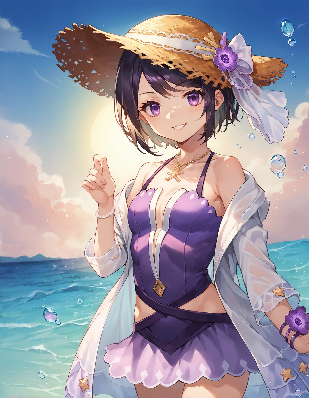 score_9, score_8_up, score_7_up, score_6_up, a smiling girl in dynamic pose in water, source_anime, detailed, solo focus, colorful, 1girl, perfect lighting, upper body, medium shot, mgrckuroe, black hair, purple eyes, straw hat with white ornament, purple flower pins, pearl necklace, purple swimsuit, pearl bracelet, white see-through bathrobe, thigh strap with blue gem, dynamic pose, hands up, smiling, day, sun glare, sky, clouds, splashing, (side view:0.7), <lora:mgrckuroe_XL:0.9>