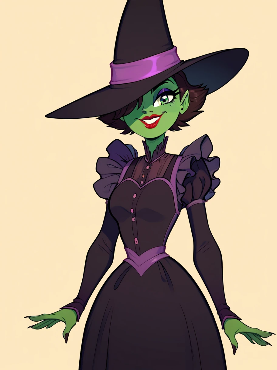 score_9, score_8_up, score_7_up, rating_questionable, zPDXL,  1girl, solo, ,  flirty, cowboy shot, rating_questionable, smiling, mischievous,
<lora:Elphaba:1> elphaba, witch hat, green skin, green eyes, black hair, black dress, lipstick, one eye covered,âââ