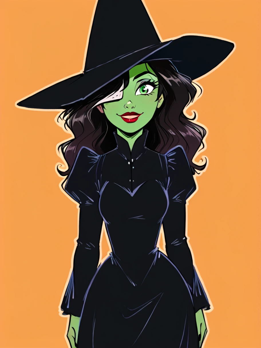 1girl, solo, ,  flirty, cowboy shot, rating_questionable, smiling, mischievous,
<lora:Elphaba:1> elphaba, witch hat, black hair, green skin, green eyes,, black dress, lipstick, one eye covered,
<lora:raichiyo33XLP:.55> raichiyo33 <lora:bp4rtXLP:.55> <lora:Expressive_H:.65>âââ