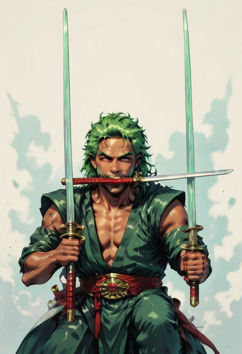 male focus, solo focus, solo, score_9, score_8_up, score_7_up, 1boy, green hair, bandama, 3SwordsStyleV1, holding object in mouth, holding in mouth, mouth hold, sword in mouth, weapon, holding weapon, holding, holding sword, 3swords, dual wielding, 3 weapons, 3 swords, weapon, sword