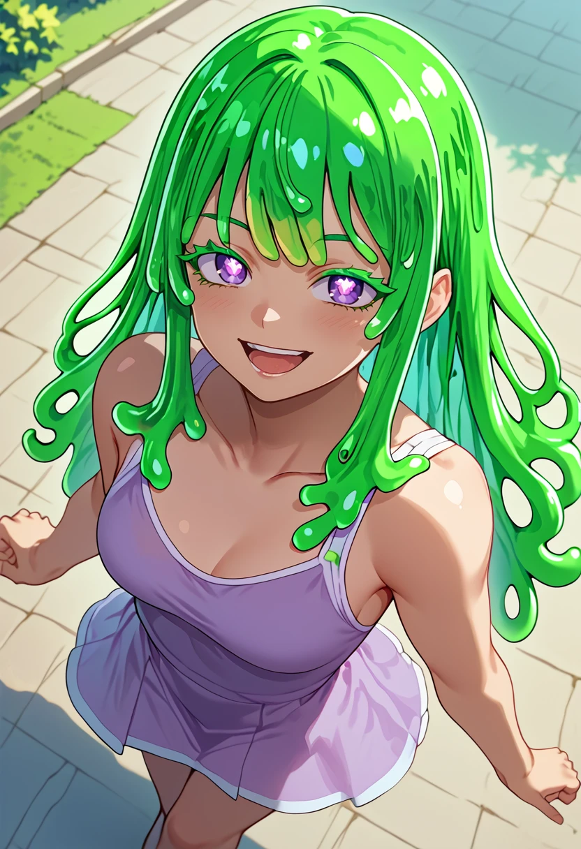 score_9_up, 1girl, solo girl, best quality, masterpiece, posing, , from above, standing, , randome scenery, dynamic pose, looking at viewer
<lora:Neneya_Green:1> NeneyaGreen, green haired slime girl, slime hair, long hair, bangs, purple eyes, x shaped pupils, green colored eyelashes,  laughing,  (((adult))) medium breast, ,