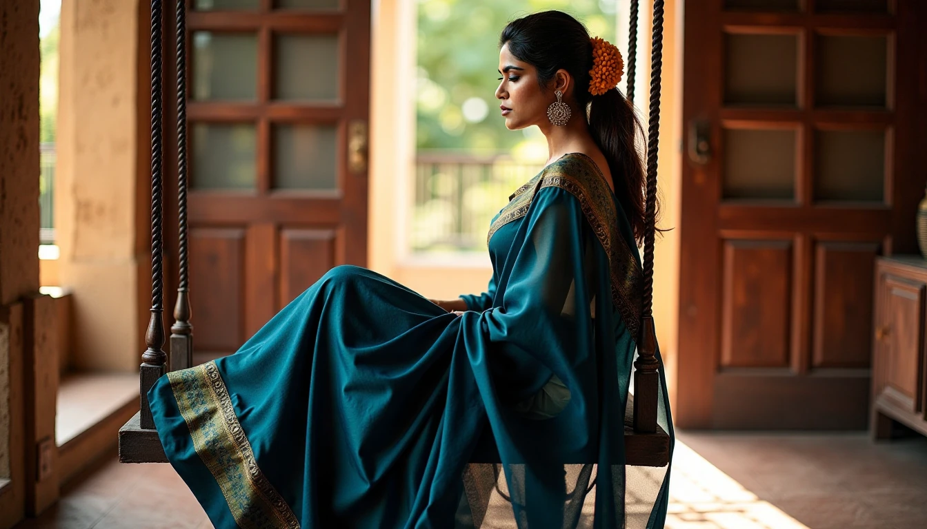 aditipoukohwx is seated on a swing.  She wears a deep indigo/blue silk saree; the  saree's  design features gold/bronze-colored borders and intricate patterns.  A small orange/yellow floral ornament adorns her hair. She wears a light cream/beige blouse. Her expression is serene, contemplative, and slightly wistful.  Her posture is relaxed, almost weightless.  An airy, ethereal quality is noticeable in her pose as though she's floating on the wooden swing.  The environment is an old-world home, with a wooden swing and antique-style architecture.  Soft, warm light streams in from a doorway, illuminating the scene with a gentle glow.  The wooden floor is visible beneath the woman and the flowing drape of the saree.  The tones of the wooden swing and door are warm brown. The overall aesthetic evokes a sense of Indian traditional elegance, bathed in the soft light of late afternoon, with an impression of delicate beauty and traditional grace.  The saree's flowing fabric cascades down and around the woman in expressive folds, with a sense of quiet motion.  The focus of the image is sharpest on the woman, with an intentional shallow depth of field. The colors are deep, rich, and saturated, creating a warm, luxurious atmosphere with a hint of nostalgia.  Detailed, high-quality,  photorealistic style,  classic Indian fashion.