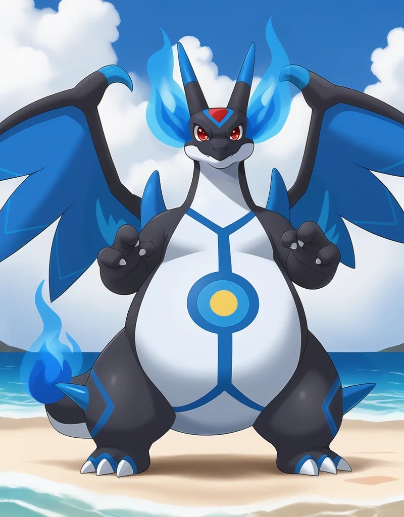 (((detailed eyes, detailed face))), (feral, normal megacharizardx2 <lora:character_charizard_megax2_pindigoxl_v2:1.2>, charizard, black skin, light blue belly, blue wings, blue horns, (blue  shoulder horns), flame-tipped tail, blue flame, red eyes), male, (solo), (plump, fat, chubby, overweight), (nude) BREAK standing, smile, (front view), (konzaburou, ukan_muri), beach, (flat shading, flat color, high brightness), 8k, UHD, masterpiece, (full body), ((blue flame))