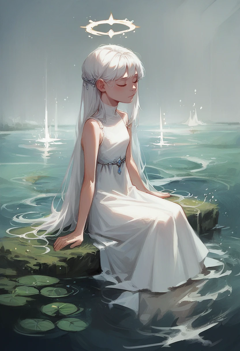 score_9, score_8_up, score_7_up, score_6_up, score_5_up,   <lora:SebMcKinnonPXL:1> painting \(medium\), seb mckinnon, 1girl, solo, long hair, sitting, dress, white dress, white hair, water, sleeveless, halo