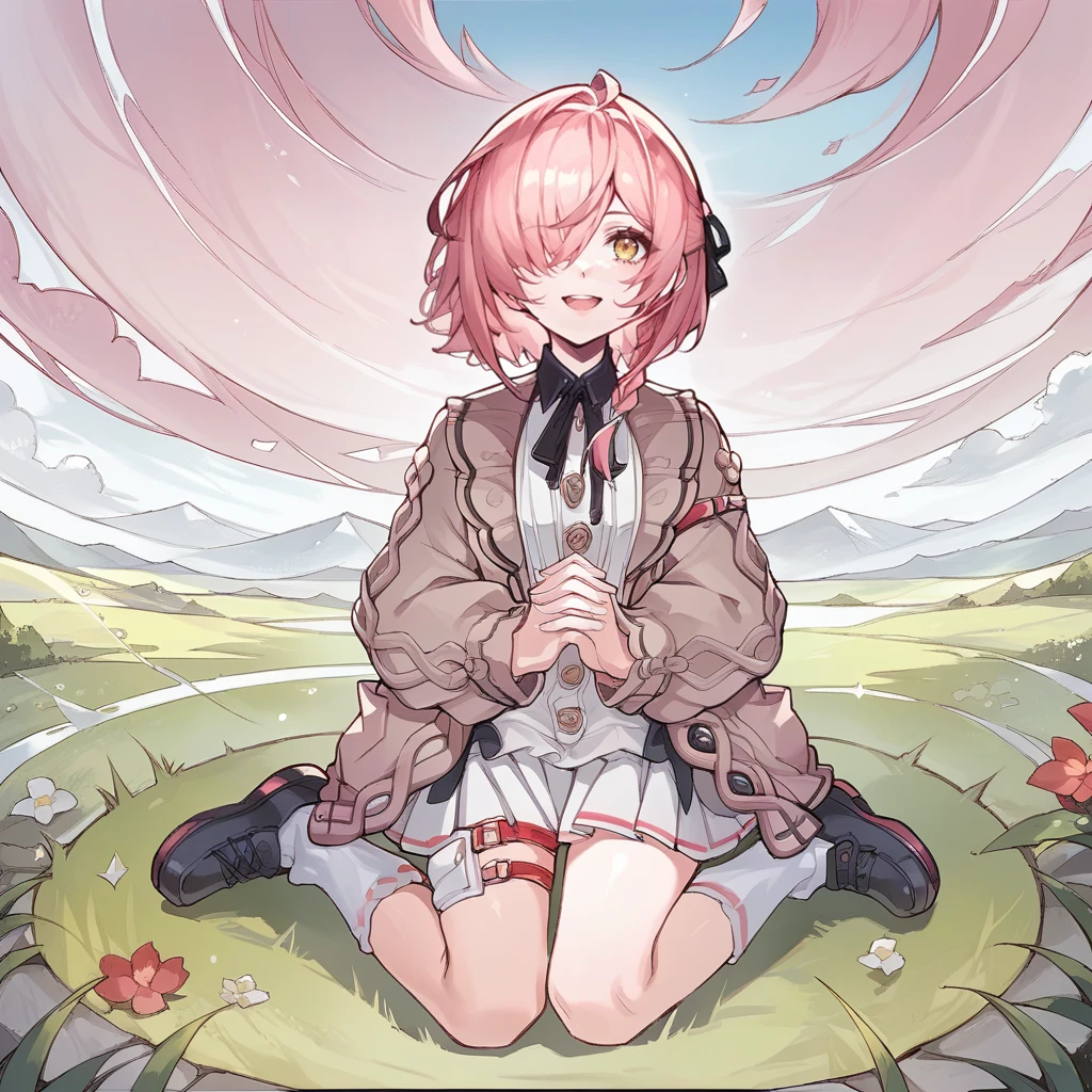 score_9_up, score_8_up, score_7_up, source_anime, 1girl, solo, day, clouds, sky, sitting on knees on grass, white socks, black footwear, shoes, hands together, head tilt, curious smile, open mouth, Skuld, pink hair, short hair, yellow eyes, hair over one eye, ahoge, braid, brown cardigan, open cardigan, buttons, pleated skirt, neck ribbon, black collar, collared dress, long sleeves, dynamic cowboy shot, 