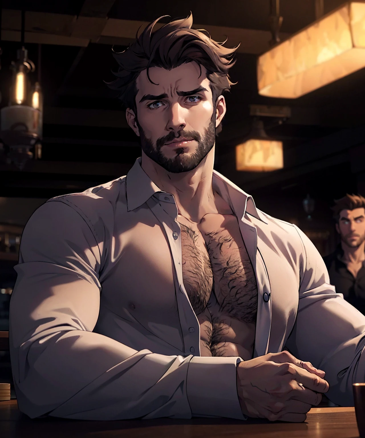 <lora:morph-western:0.75>
shirtless, chest hair, 
wide angle, athletic guy at table booth, fade, soft smile, messy hair, unbuttoned shirt,
dark low lit , clutter, date night, elegant restaurant, crowded, ((dimly lit, low lit, deep focus, snapchat)),
bad quality , grainy jpg , blurred, motionblur, ugly,