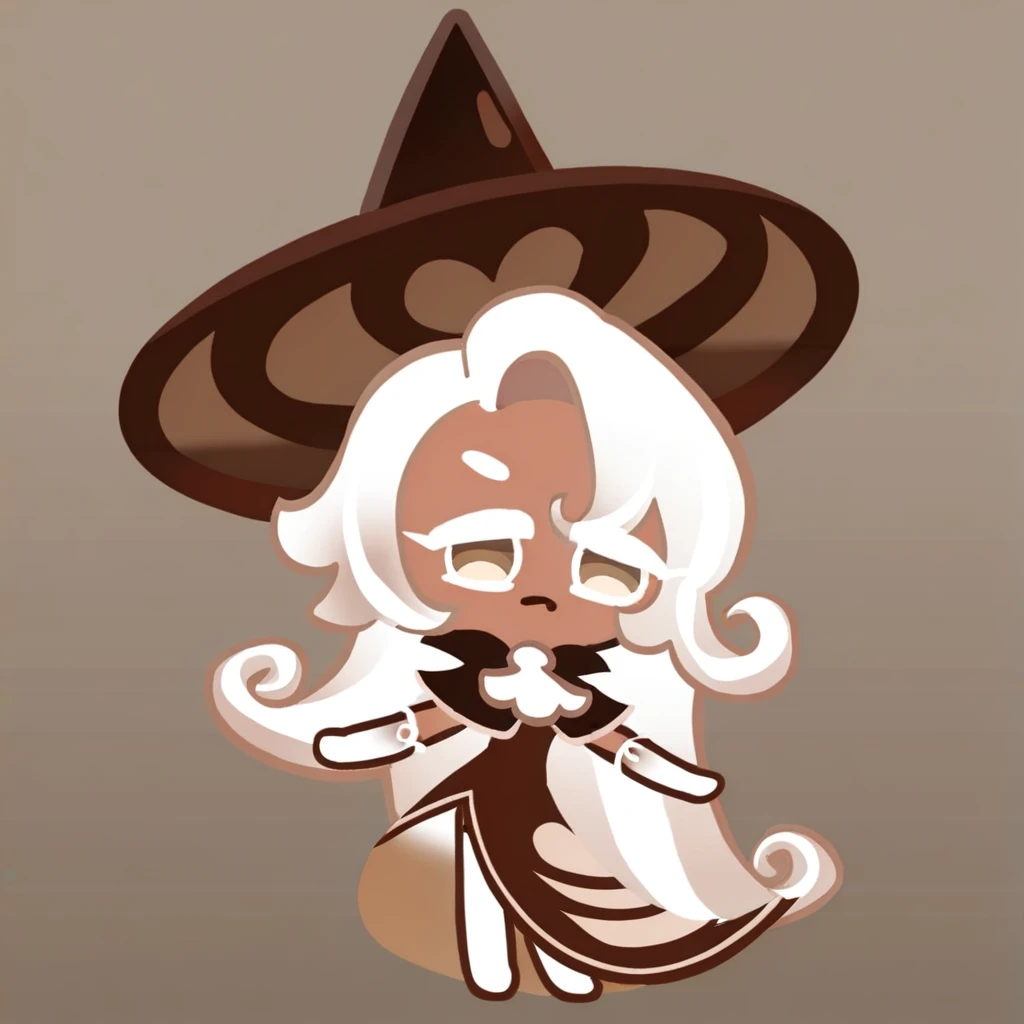 latte, brown eyes, white hair, witch hat, brown dress, socks