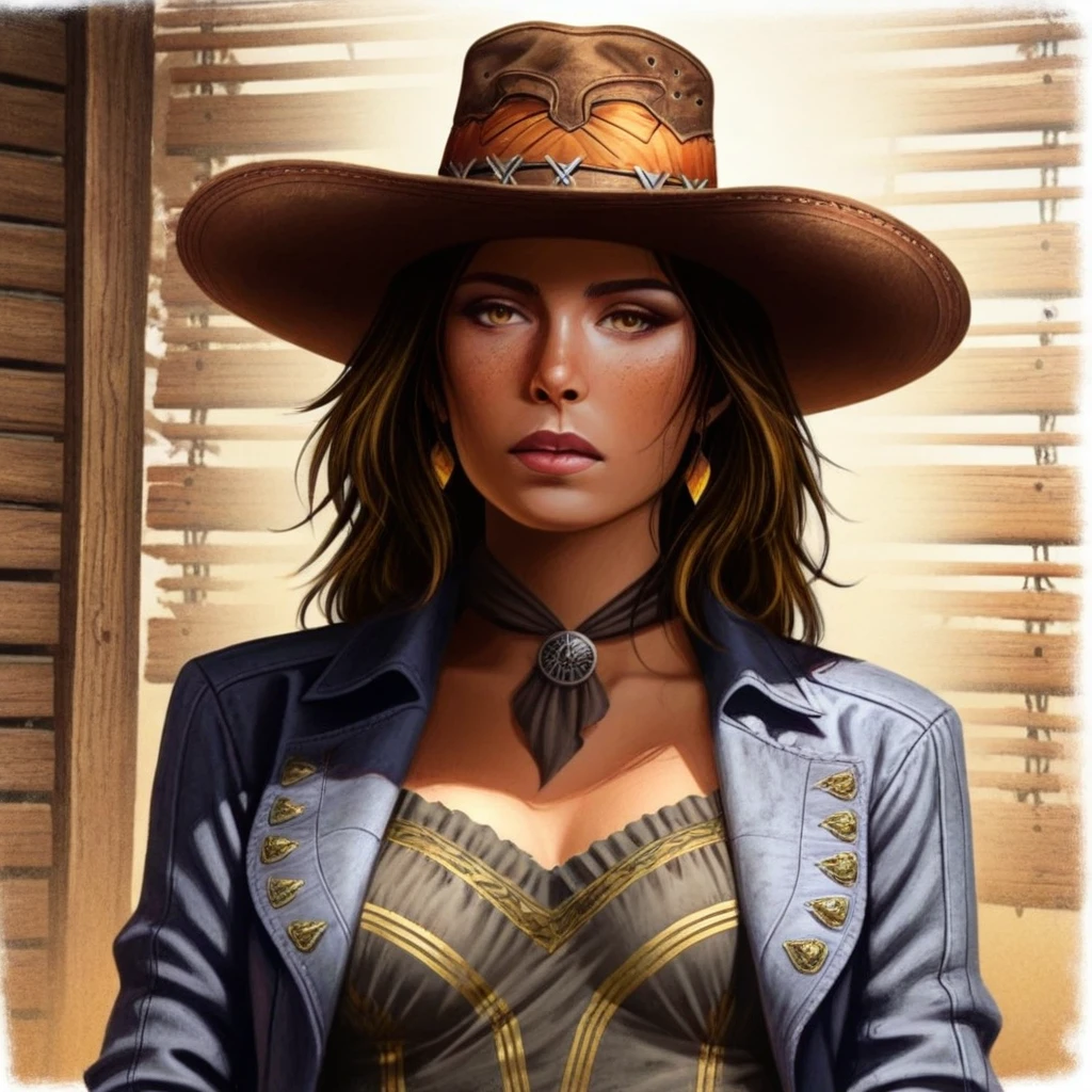 GTA-style artwork ovtlawz,dark fantasy, ultra realistic painting, (Julie Bell), Elegant female outlaw in a tailored velvet jacket, wide-brimmed hat tilted, and bandana around her neck, leaning against the bar of a smoky saloon, sunlight streaming through wooden shutters casting striped patterns on the walls, rich amber and sepia tones, close-up with intense expression, intricate textures, and atmospheric lighting. <lora:Wild_West_Wild_Frontier_Outlaws-Illustrious:1> . Satirical, exaggerated, pop art style, vibrant colors, iconic characters, action-packed