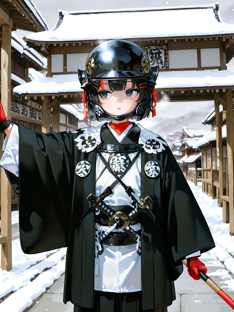 1girl, young girl, round face, down turned eyes, short hair, hair clip on front, 
black and white samurai costume, black and white kimono, black and white haori, white cuff, black iron round helmet, holding direction stick, 
outdoors, snow, old japanese town,
latest, masterpiece, best quality, very aesthetic, absurdres, high resolution, ultra detailed, detail,
general, kajishozoku, <lora:BushiKajiShozoku_Illustrious:0.8>