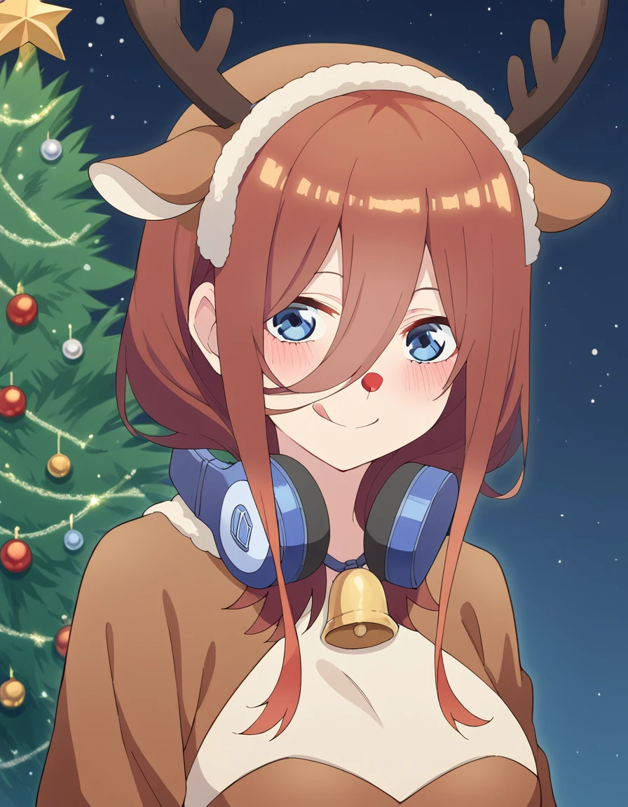 score_9, score_8_up, score_7_up, source_anime, <lora:miku-nakano-s2-ponyxl-lora-nochekaiser:1>, miku nakano, long hair, bangs, blue eyes, brown hair, hair between eyes, headphones, headphones around neck, large breasts,, <lora:reindeer-costume-ponyxl-lora-nochekaiser:1>, reindeer costume, animal costume, reindeer antlers, antlers, fake antlers, reindeer hood, christmas, red nose, deer ears, deer tail, christmas tree, bell, horns, reindeer,, blush, smile, tongue out, looking at viewer,,