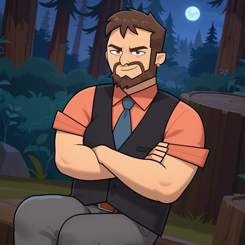 score_9, score_8_up, score_7_up, source_toon, <lora:ted gordon_epoch_6:0.8> dctedg, 1boy, beard, fat, stud earrings, blue necktie, black vest, light-red shirt, grey pants, smirk, forest, crossed arms, looking at viewer, dutch angle, solo, three_quarter view, night, dynamic pose, from above, sitting, closed mouth,