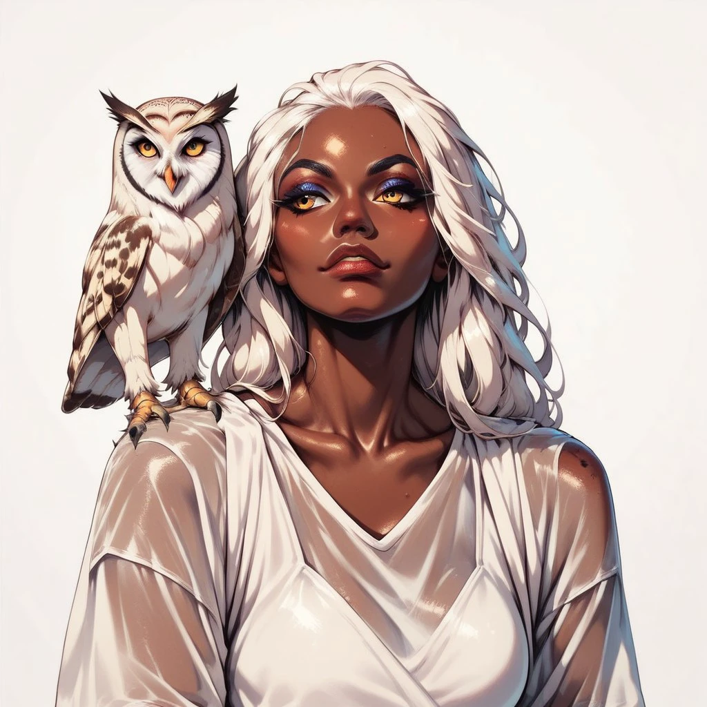 female focus, score_9, score_8_up, score_7_up,
1girl, dark skin, dark-skinned female, white hair, long hair, Owl on shoulder, Owl, bird, bird on shoulder, animal on shoulder