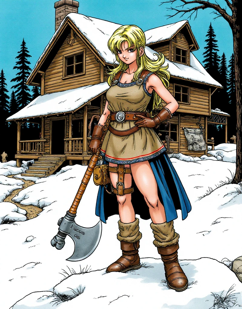 <lora:Akira_Toriyama_Style:0.9> akira toriyama style, a full body blond woman wears a viking armor suit and holds an axe. She pose in the snow in front of a viking wooden house