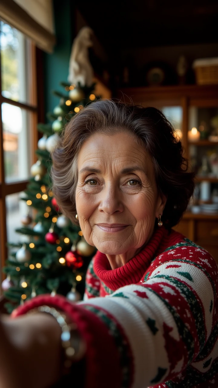 RAW photo, Peaceful, 87 year old woman selfie in a cozy surrounding, her hair is Brown, by Victorina Durán, Dullcore, natural lighting, Tintage, Fujicolor Fujichrome Velvia 100, Depth of field 270mm, charming, aidmaChristmasOutfit