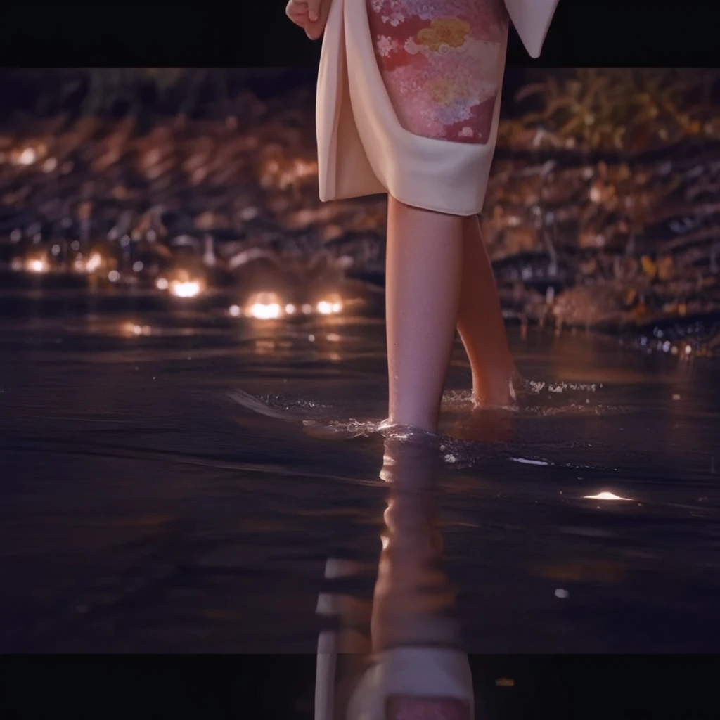 Anime, solo,1girl, young, kimono, night, walking ,creek,Wading, Feet in water, Ankle deep water, Standing in shallow water