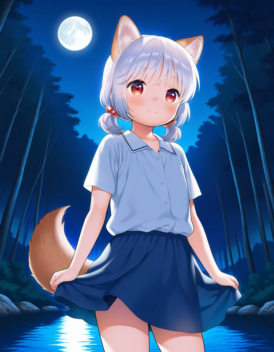 masterpiece, best quality, good quality, <lora:ookamisan_IS:1>   sekiya asami style,
ookamisan, animal ears, wolf ears, silver hair,  short twintails, red eyes, flat chest, wolf tail, hair bobbles, short stack, 
smile,  closed mouth, 
short sleeve, blue skirt,
night, moon, water, forest,
cowboy_Shot,