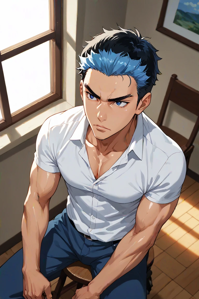 score_9, score_8_up, score_7_up, source_anime, rating_explicit, realistic shading, natural lighting, male focus, looking away, expressive face, danchikoymg, (black-blue_danchikoymg_multicolored hair), blue_danchikoymg_eyes, 1boy, serious, shiny skin, pectoral cleavage, sitting on stool, shirt, indoors, window, from above, dutch angle, dynamic angle, intricately detailed illustration, depth of field, masterpiece, best quality, amazing quality, very aesthetic, absurdres, newest, anime screencap