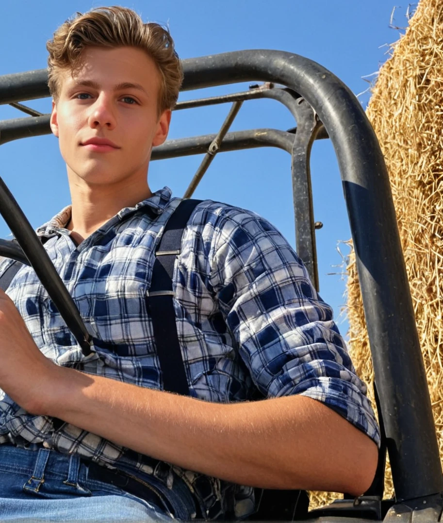 raw photo, face portrait, realistic, (florian, handsome Austrian male model , 19 yo, athletic), plaid shirt with suspenders, blue jeans, sitting on tractor, in a field with hay balls, daylight, from below, low angle