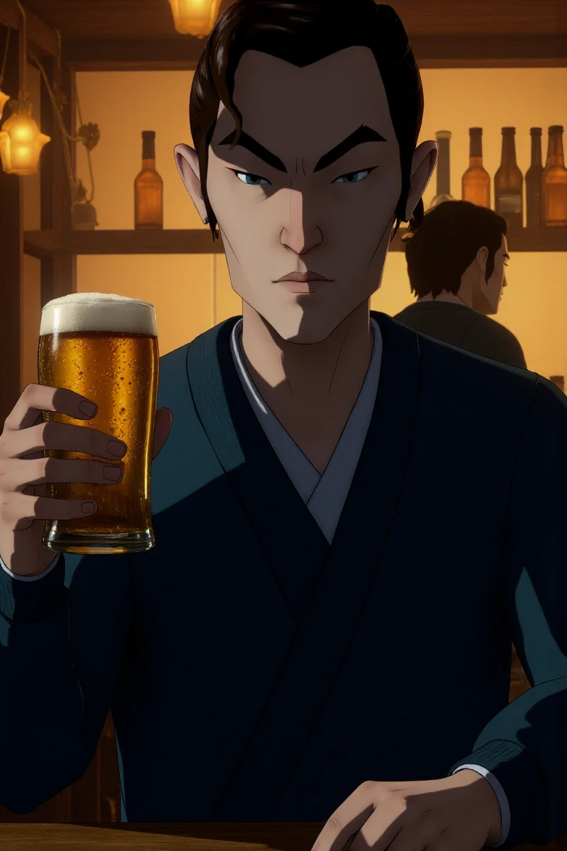 <lora:Blue_Eye_Samurai_Style:0.9> blue eye samurai style, a man holds a beer in a pub