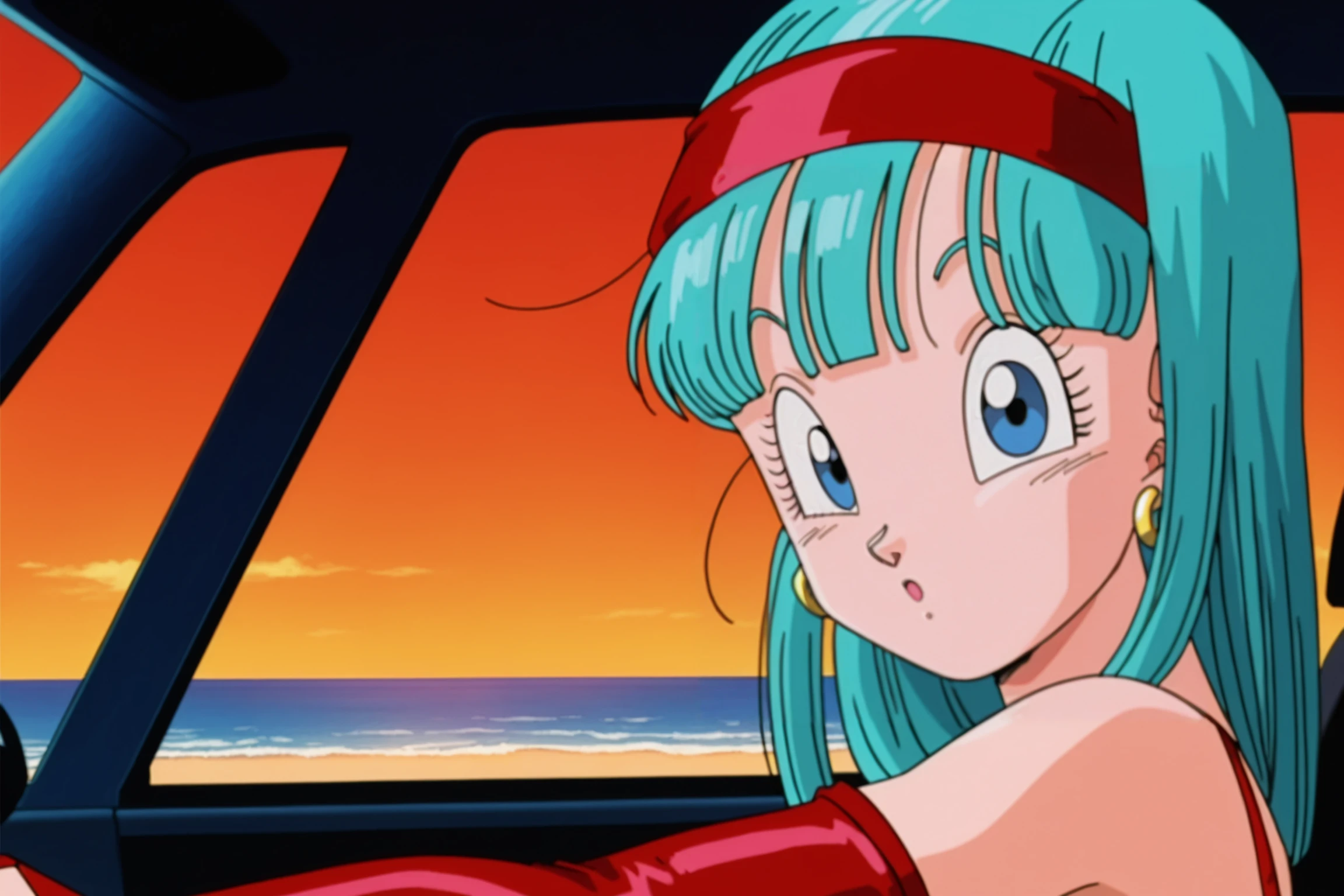 anime screencap, masterpiece, best quality, amazing quality, very aesthetic, absurdres,  newest, (scenery, volumetric lighting),BREAK
bra \(dragon ball\), dragon ball gt, official style, 1girl, solo, long hair, bangs, blue eyes, eyebrows, hoop earrings, eyelashes, blunt bangs, bare shoulders, bridal gauntlets, sky, :o, close-up, red hairband, red armwear, from side, looking at viewer, sunset skyline, ocean, car interior, raised eyebrows, tongue, pointy nose, aqua hair, 1990s \(style\), anime coloring, dot mouth, retro artstyle, straight hair
 <lora:Bra_IL:0.8>
masterpiece, best quality, amazing quality, very aesthetic, absurdres,  newest, (scenery, volumetric lighting),