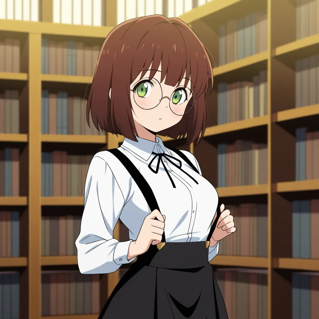 masterpiece, best quality, 1girl, solo, brown hair, green eyes, white shirt, black skirt, suspenders, round eyewear, anime screencap, library,