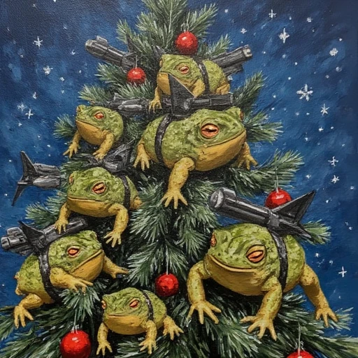 Oil painting of christmas tree that was decorated with multiple Missile Toads a toads that have rocket missle tied to it's back