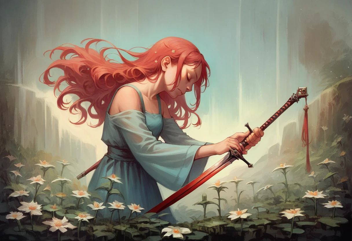 score_9, score_8_up, score_7_up, score_6_up, score_5_up,   <lora:SebMcKinnonPXL:1> painting \(medium\), seb mckinnon, weapon, sword, holding weapon, flower, holding sword, 1girl, holding, closed eyes, red hair, long hair