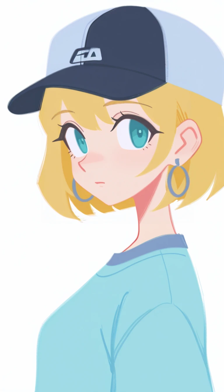 1girl, solo, blonde hair, short hair, aqua eyes, baseball cap, shirt, light blue shirt, earrings, hat, hoop earrings, jewelry, closed mouth, from side, upper body, looking at viewer, simple background, white background, <lora:BrushlineStyle_IllustXL:1.1>, flat color,