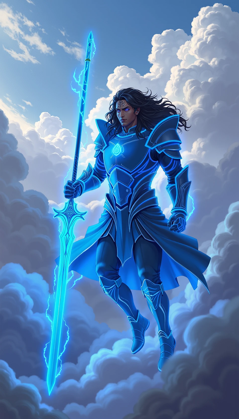 digital fantasy artwork of a man named kalad1n floating in the clouds, dressed in glowing blue fantasy armor with glowing blue accents, holding a large ethereal blue sword. he has a forehead tattoo, long black hair, dark skin. <lora:KaladinFlux-000021:0.5>