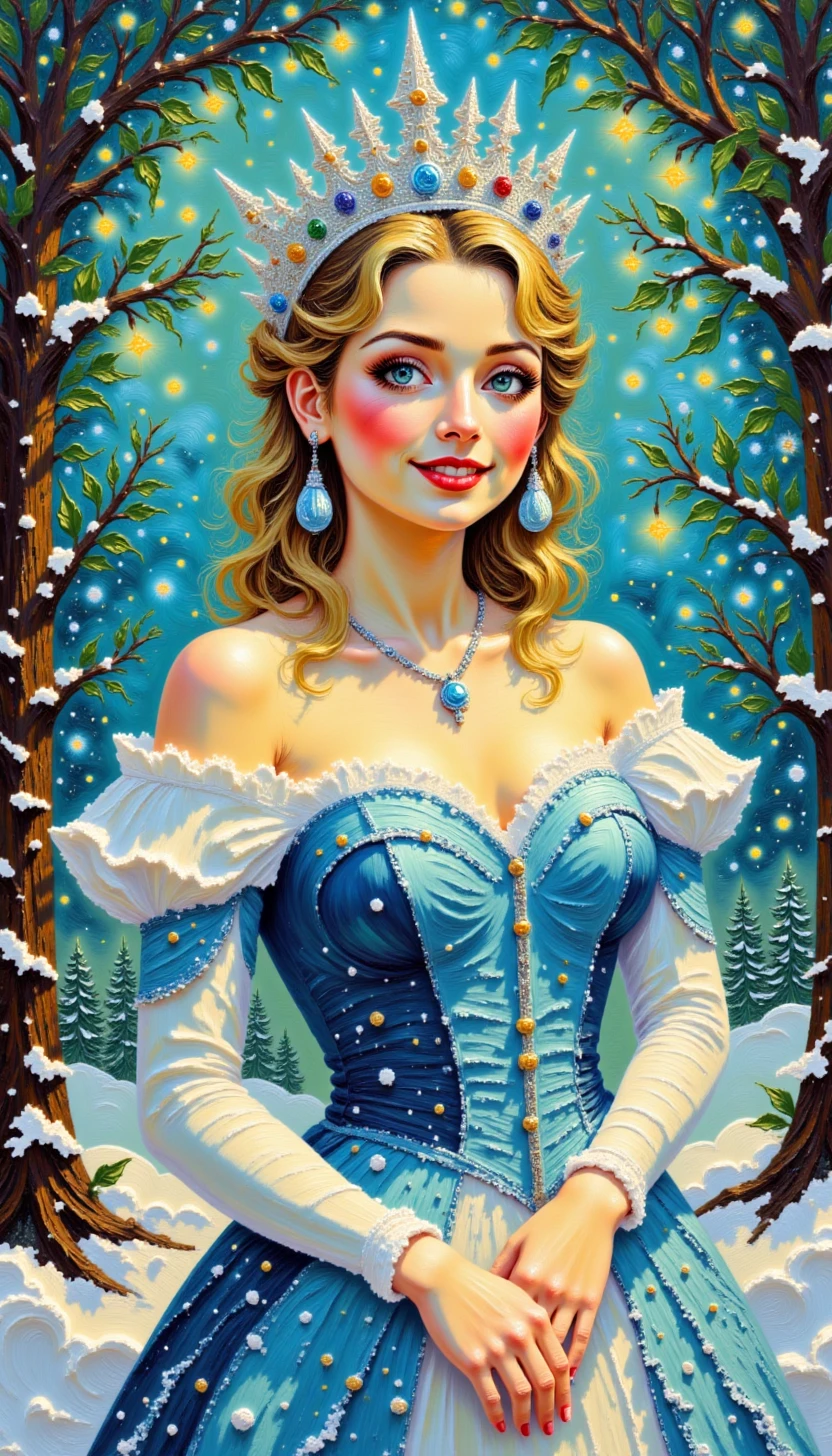 pinkvintagechristmasoilpainting, 

A winter queen with a shimmering ice-blue gown, a silver crown adorned with snowflakes, and frosty makeup, standing in a glowing enchanted forest covered in snow.									