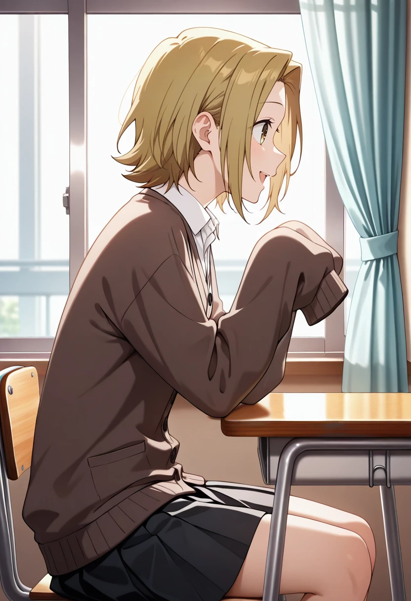 masterpiece,best quality, yuki_horimiya, 1girl, anime coloring, solo, forehead, short hair, light brown hair, parted bangs, brown eyes, school uniform,long sleeves, white shirt, collared shirt,brown cardigan,cardigan,pleated skirt, black skirt, sleeves past fingers,  sitting, chair, open mouth, from side, profile, smile,  school desk,classroom,  windiw, curtains,  <lora:yuki_horimiya_IL-000007:0.9>