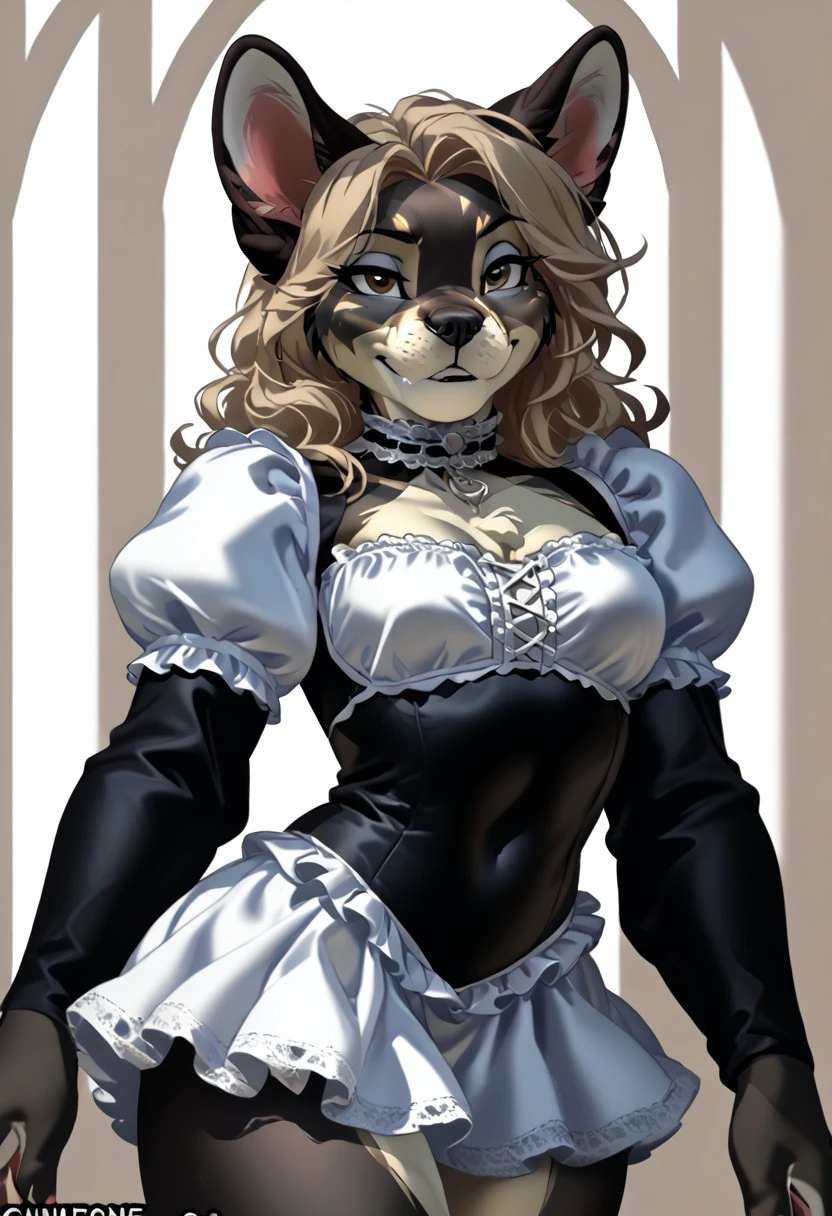 score_9, score_8_up, score_7_up, (by kittydee:1.5), (by jailbird:1.5), (by zummeng:1.5), masterpiece, best quality, (solo),  
(Furry Art : Anthro :French Bulldog:1.9), transgirl, expressive eyes, feminine eyes, <lora:beautiful_detailed_eyes:1>, perfect face, feminine face, (beautiful brunette hair), (shoulder length wavy hair:1.3), black fur:1.5, feminine body, medium breasts, (flat belly:1.3), (wide hips:1.4), (slim waist:1.2), (muscular abs:1.2), (muscular biceps:1.2), (thick muscular thighs:1.4), (black frilly skirt:1.5), (white gothic shirt with puffy sleeves:1.5), (light brown eyes),