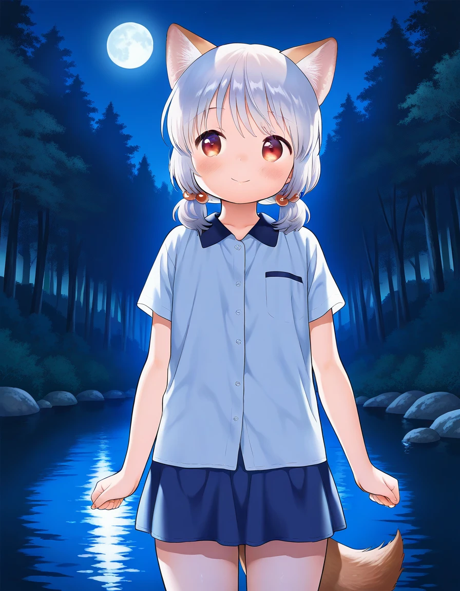 masterpiece, best quality, good quality, <lora:ookamisan_IS:1>   sekiya asami style,
ookamisan, animal ears, wolf ears, silver hair,  short twintails, red eyes, flat chest, wolf tail, hair bobbles, short stack, 
smile,  closed mouth, 
short sleeve, blue skirt,
night, moon, water, forest,
cowboy_Shot,