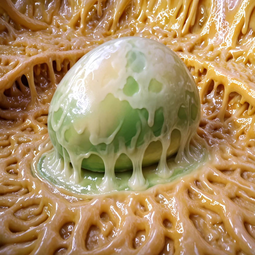 <lora:HNNM_IL_v3:0.5>, A hyper-realistic depiction of an alien egg covered in slime-like snot mucus, set in a dimly lit, eerie environment. The egg has a translucent, growing gelatinous surface with visible pulsating veiny veins inside