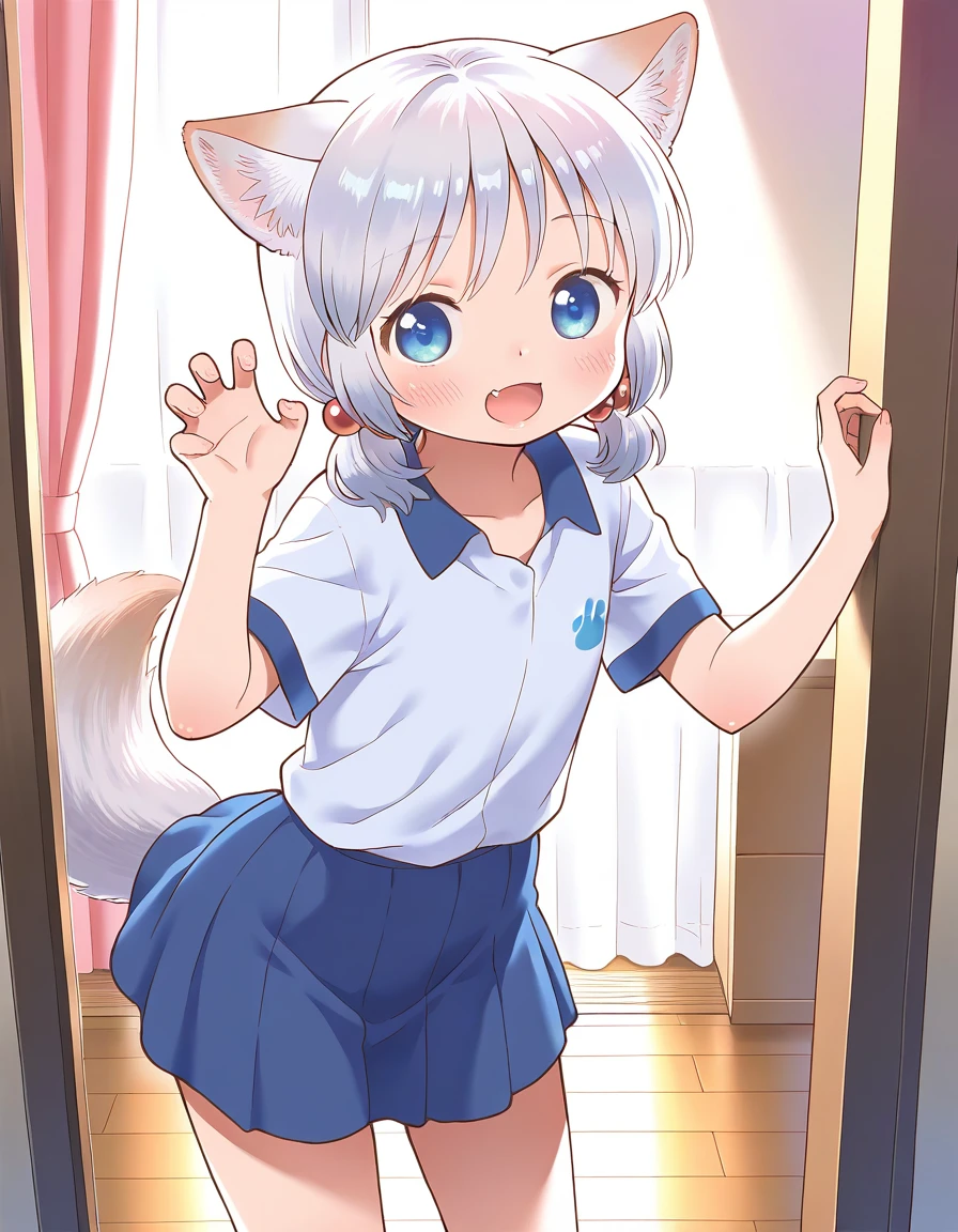 masterpiece, best quality, good quality, <lora:ookamisan_IS:1>  
ookamisan, animal ears, wolf ears, silver hair,  short twintails, blue eyes, flat chest, wolf tail, hair bobbles, smile,  peace fingers
claw pose, open mouth, 
short sleeve, blue skirt,
room, flooring, curtain, 
cowboy_Shot,